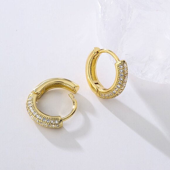 3/$35 18k Gold Plated Copper Hoop Earrings Huggies Cubic Zirconia Diamond - Picture 4 of 6